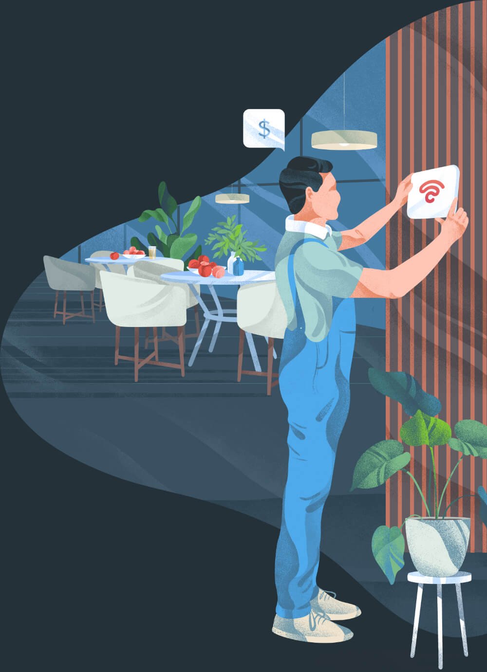 Beambox graphic of a worker installing a Beambox device on the wall of an office with a speech bubble with a dollar sign overhead.