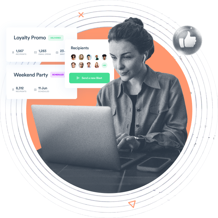 Beambox graphic featuring a woman working on email marketing campaigns on a laptop against an orange circular background.