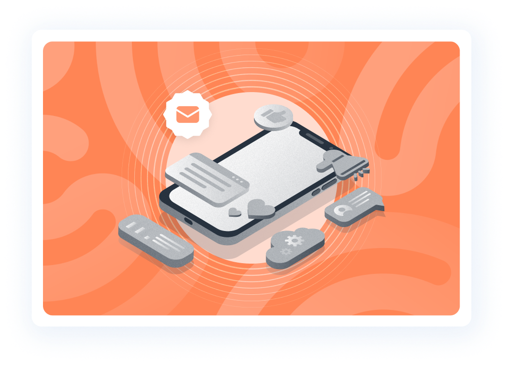 Beambox graphic featuring a smartphone and various icons symbolizing email and messaging with an abstract orange backdrop.