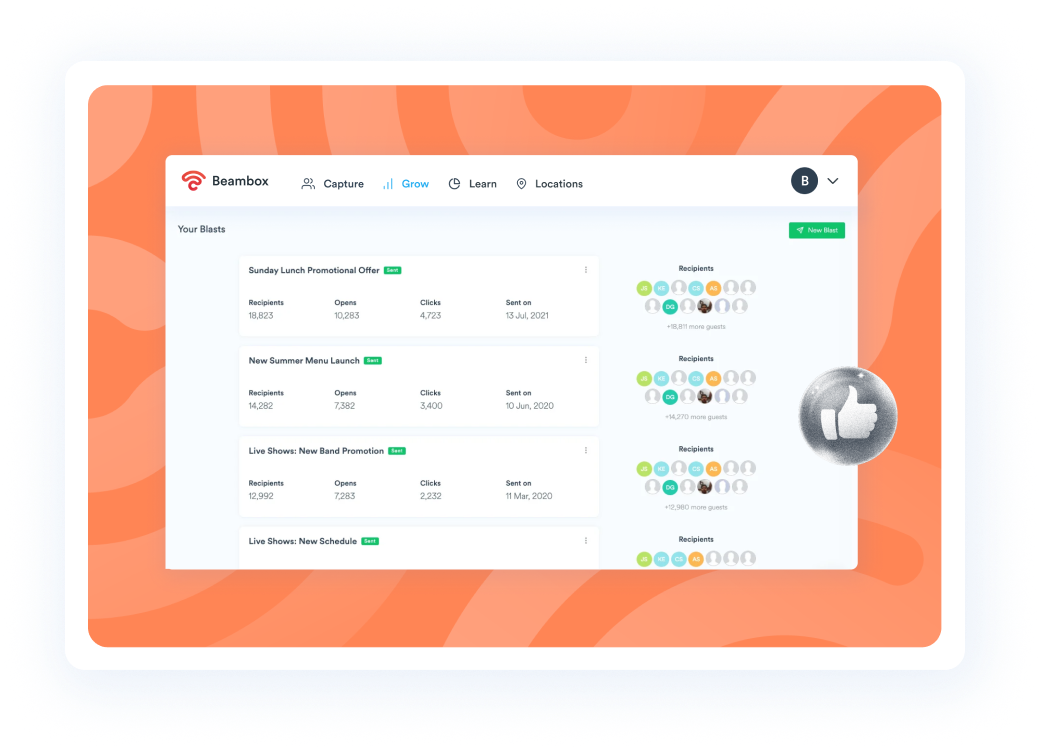 Beambox graphic featuring a Beambox user dashboard on customer segmentation and proximity marketing with an orange backdrop.