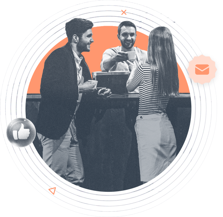 Beambox graphic featuring a man and a woman getting cups of coffee from a man behind a bar against an orange backdrop.
