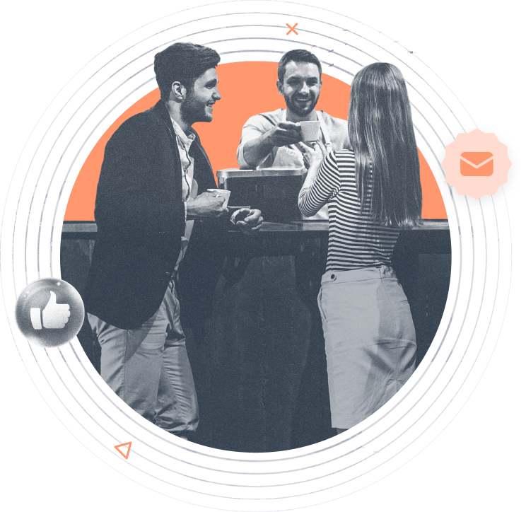 Beambox graphic featuring a man and a woman getting cups of coffee from a man behind a bar against an orange backdrop.