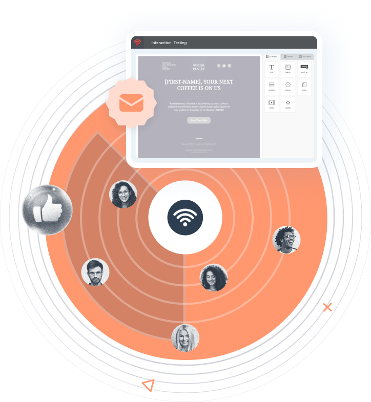 Beambox graphic featuring their email design interface over a circular orange backdrop with wifi symbols and faces.