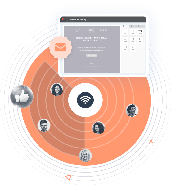 Beambox graphic featuring their email design interface over a circular orange backdrop with wifi symbols and faces.