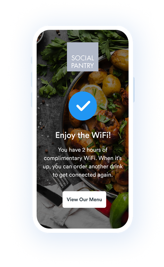 Beambox graphic of a WiFi captive portal splash screen on a smartphone showing 2-hour limit and prompt to order another drink to reconnect.