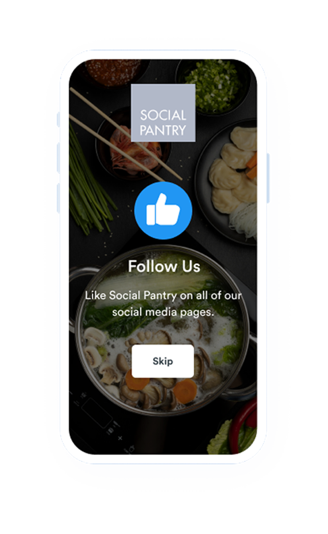 Beambox graphic of a smartphone with a captive portal page prompting users to Like Social Pantry restaurant on social media.