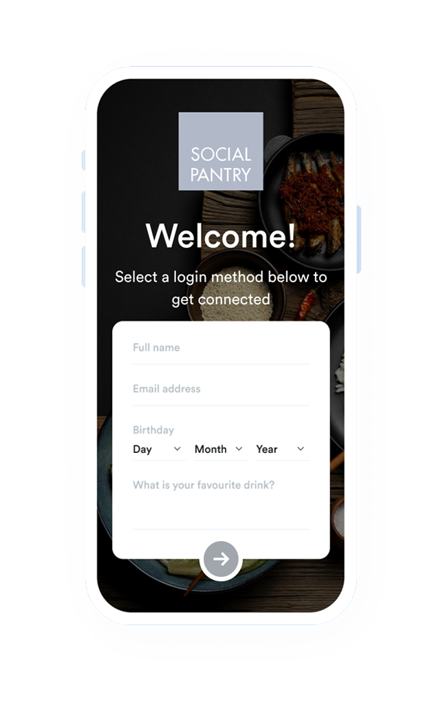 Beambox graphic of a Social Pantry WiFi login screen on a smartphone with fields for name, email, birthday, and favorite drink.