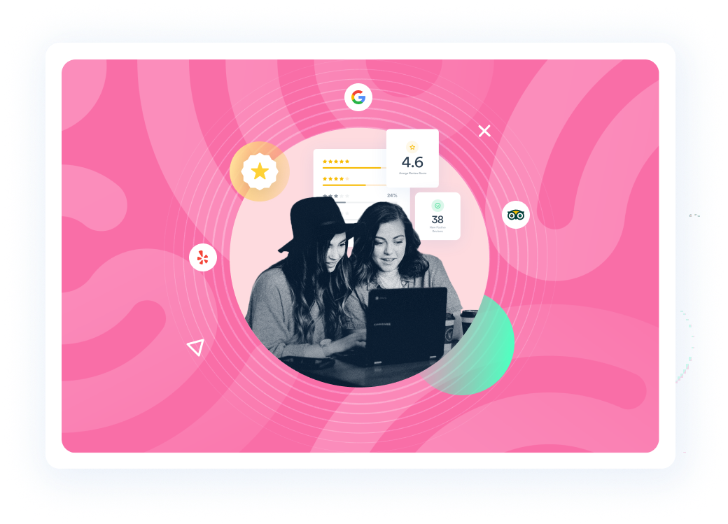 Beambox graphic featuring two women looking at a laptop set against a peach circle and a pink backdrop.