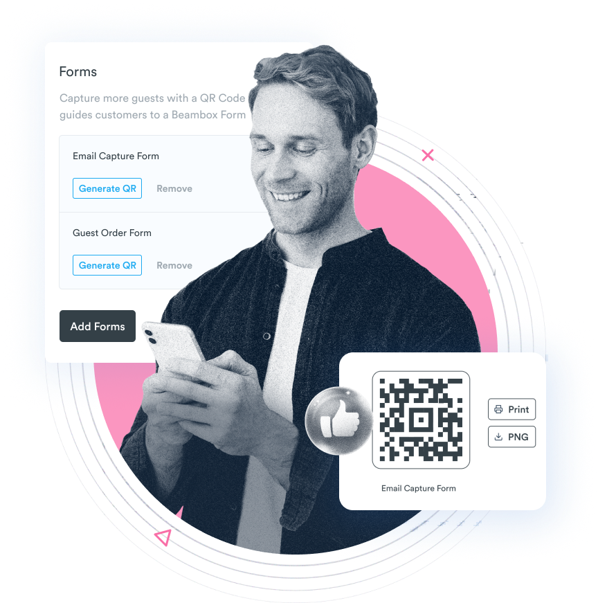 Beambox graphic featuring a man smiling at his phone with QR code options for forms on a graphic interface, set against a pink circle.