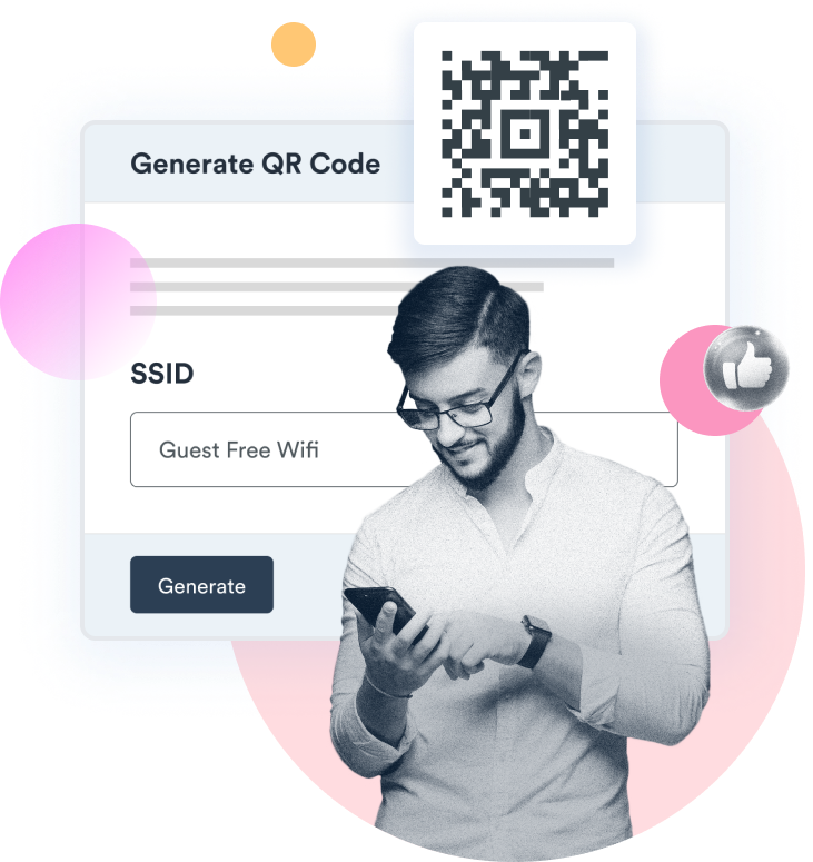Beambox Graphic of a UI for generating a QR code with 'Guest Free Wifi' SSID, alongside an illustration of a man scanning the code.
