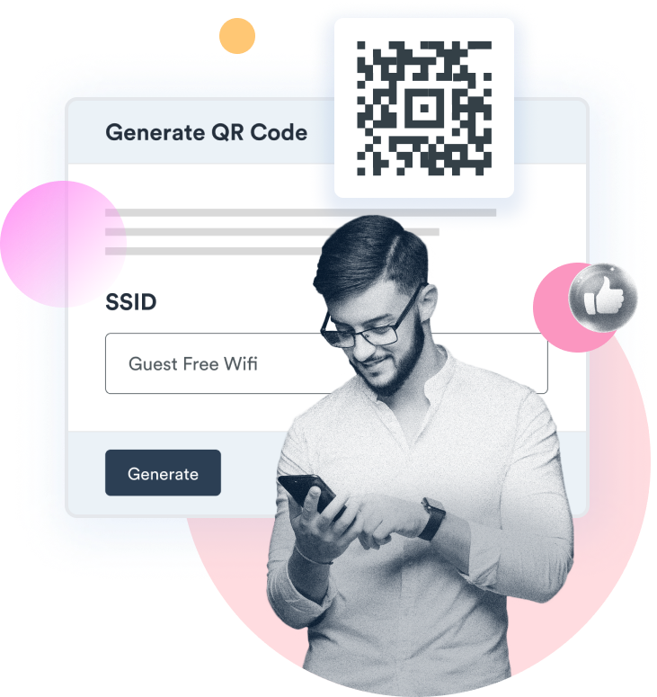 Beambox Graphic of a UI for generating a QR code with 'Guest Free Wifi' SSID, alongside an illustration of a man scanning the code.