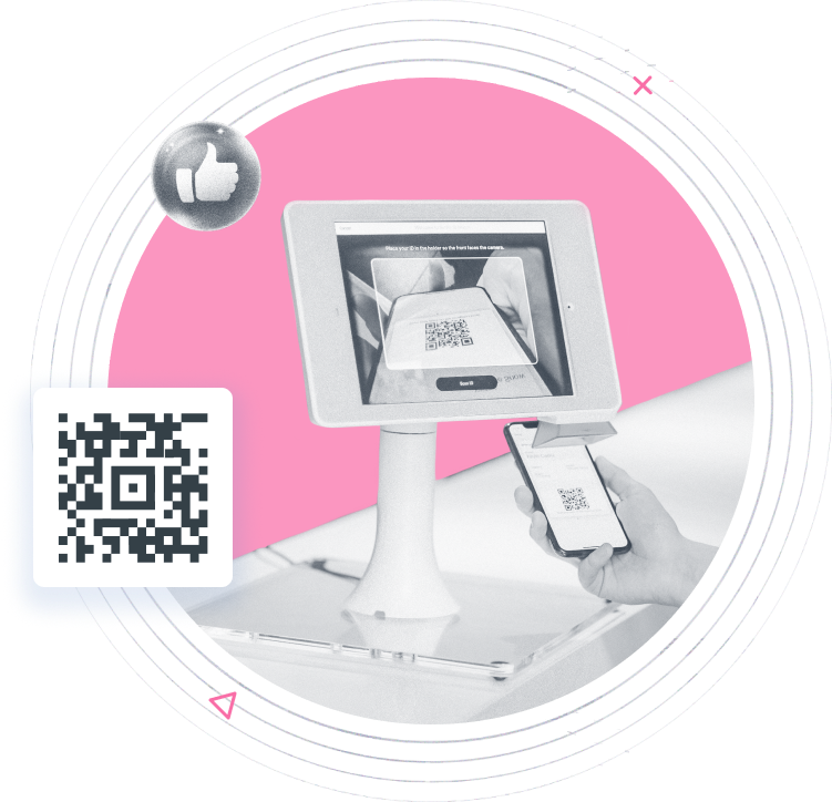 Beambox graphic featuring a QR code scanner scanning a QR code on a smartphone against a circular pink backdrop.