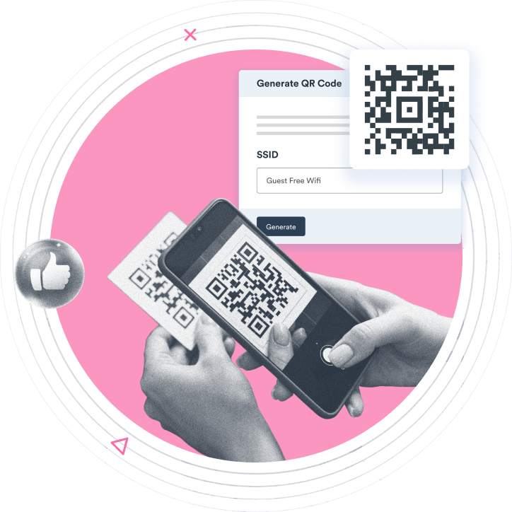 Beambox graphic of a smartphone scanning a QR code and a QR code generation interface on a pink circular backdrop.