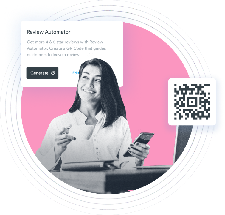 Beambox graphic featuring a smiling woman holding a phone with a QR code for a review prompt on a digital interface.