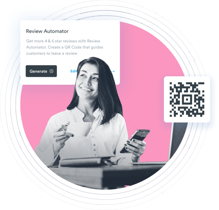 Beambox graphic featuring a smiling woman holding a phone with a QR code for a review prompt on a digital interface.