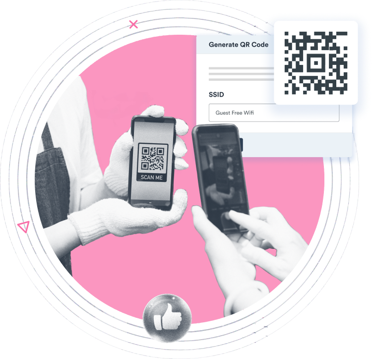 Beambox graphic featuring two phones with a QR code next to a QR code generation interface on a pink and white design.