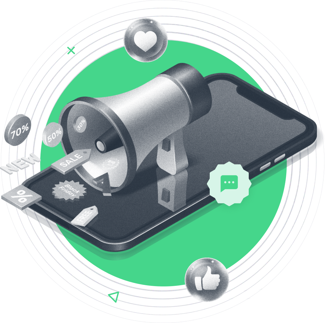 Beambox graphic with a megaphone and smartphone symbolize notifications for sales and engagement through SMS messages.