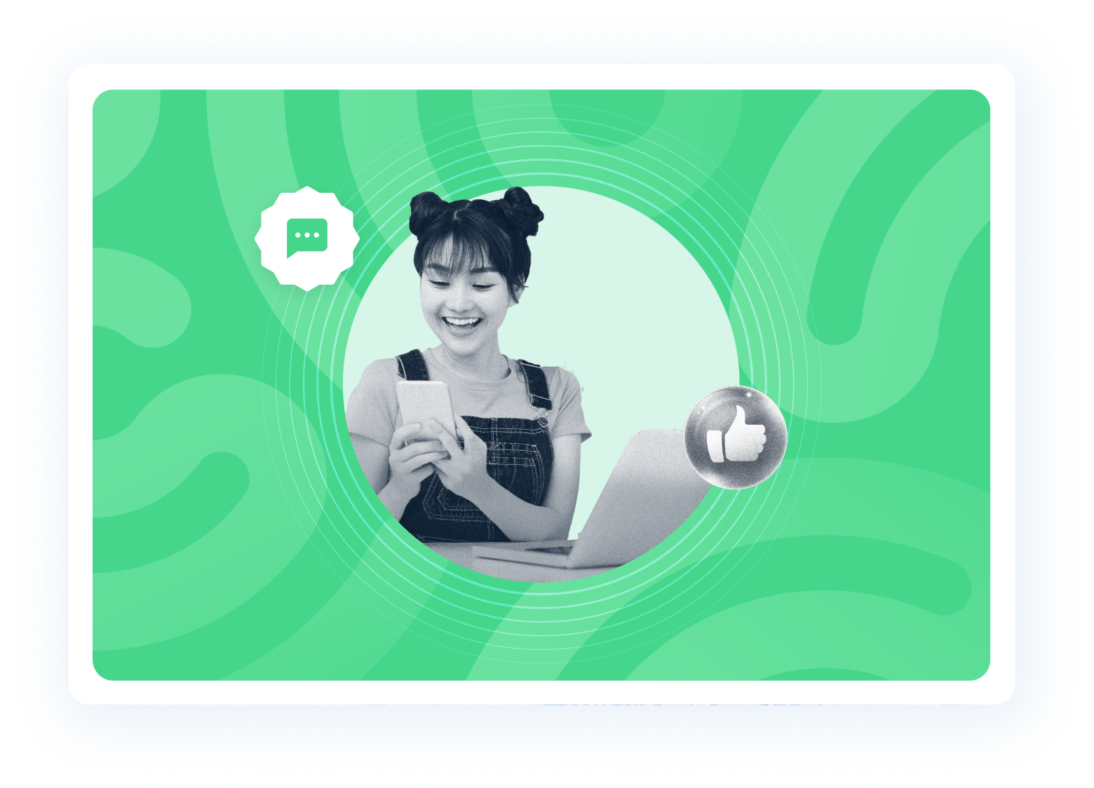 Beambox graphic showing a customer sitting at a computer, holding a smartphone and reacting to a notification with a smile.
