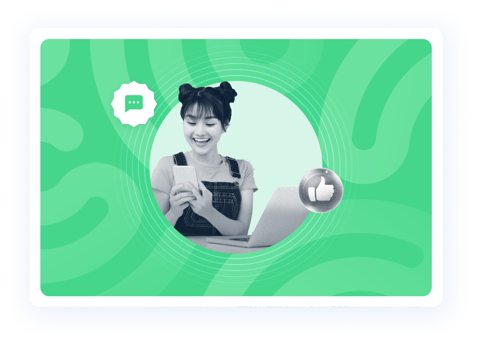 Beambox graphic showing a customer sitting at a computer, holding a smartphone and reacting to a notification with a smile.