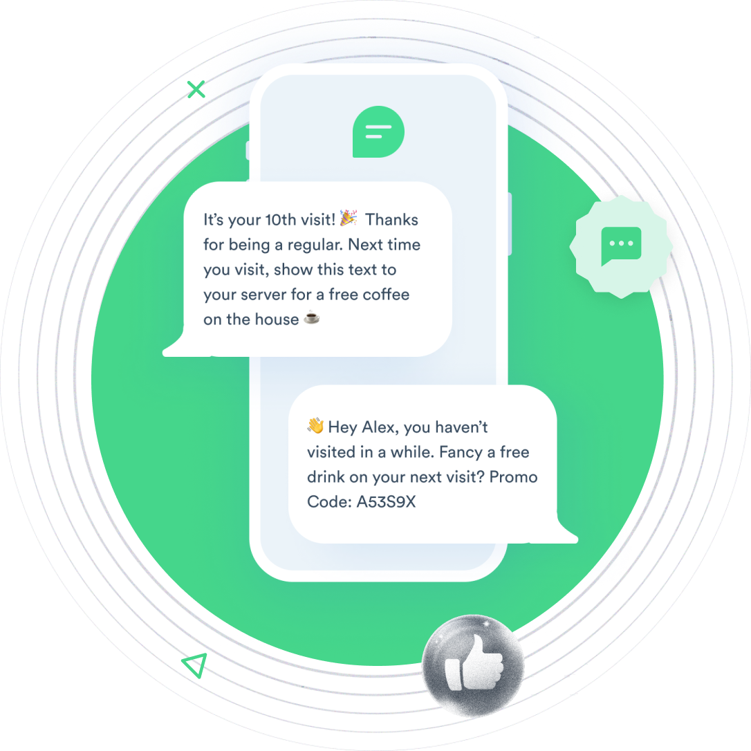 Beambox graphic showing SMS marketing example text messages over a smartphone.