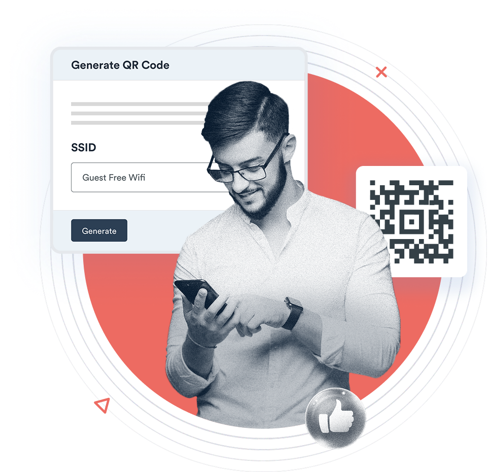 Beambox graphic of a man using his phone beside a QR code generator labeled "Guest Free Wifi" with a thumbs-up icon.