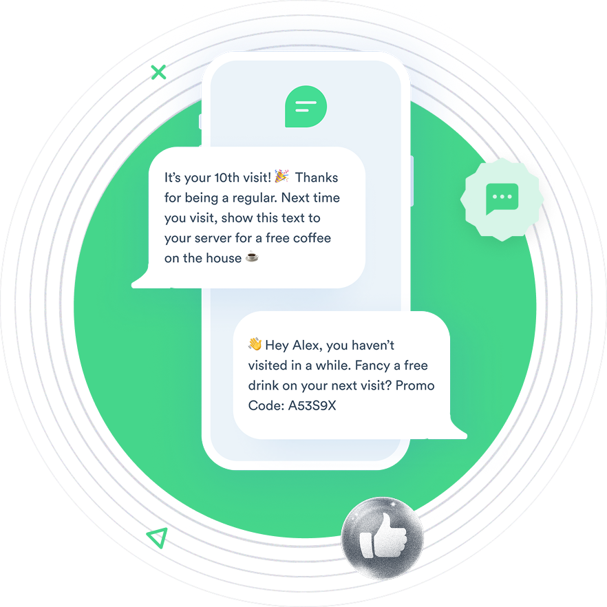 Beambox graphic showing SMS marketing example text messages over a smartphone.