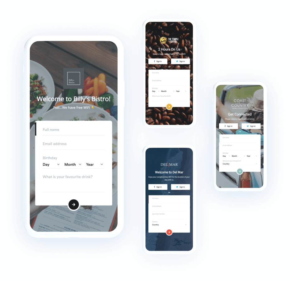 Beambox dynamic graphic of four smartphones featuring Wi-Fi marketing captive portal splash pages for various business.