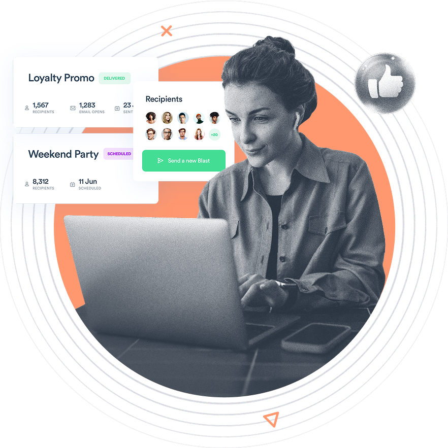 Beambox graphic of a woman with a laptop on an orange background.